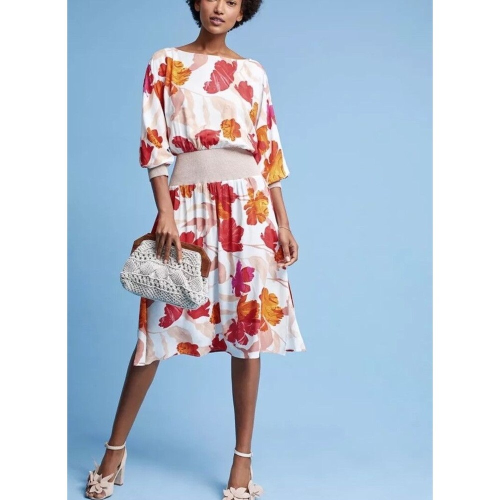 Anthropologie Floral‎ Print Gemma Dress Bold Light Blue Red Knit Waist M